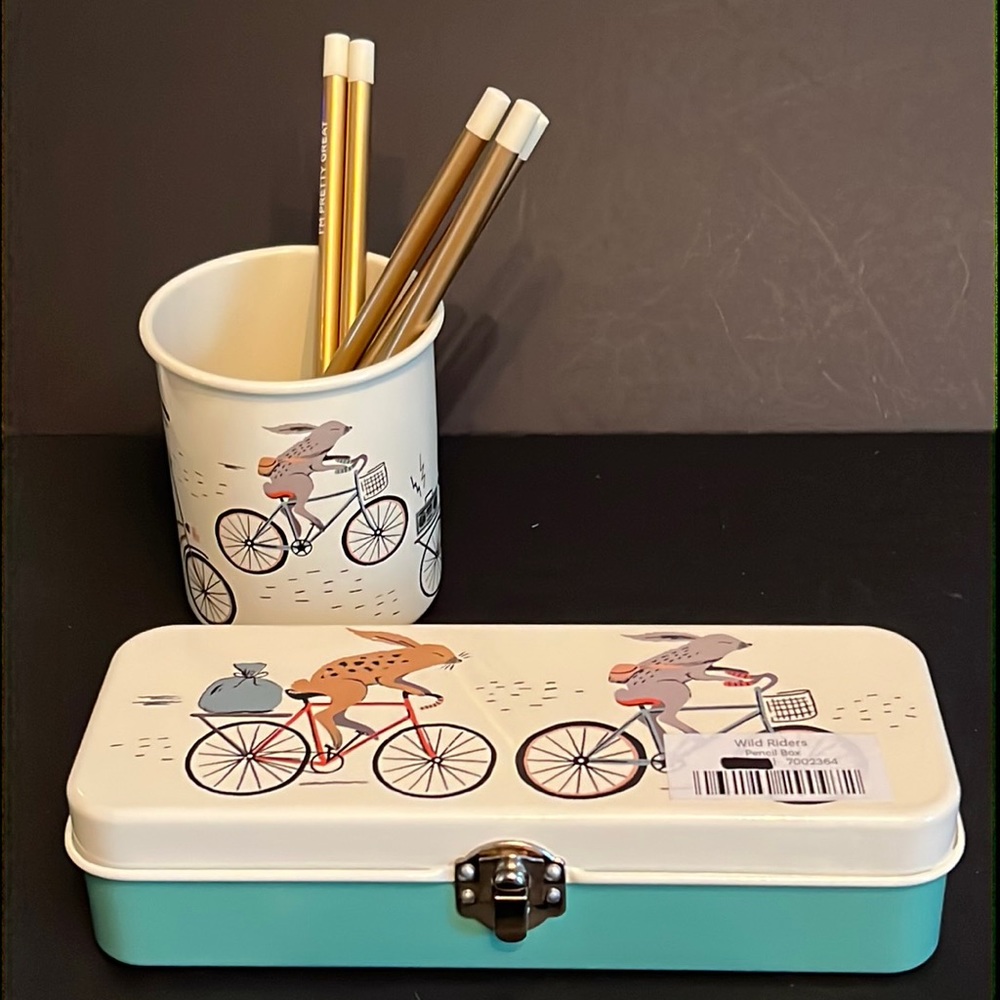 rabbits/aardvark/ostrich/caribou “Wild Rider” design metal pencil box & cup-NWT